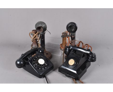 A vintage W-24/4001 No.1 candlestick telephone, together with another eample, plus a black bakelite GPO phone with pull out a