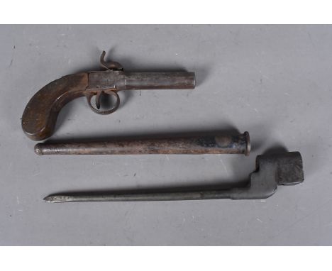 A 19th Century single shot percussion cap pistol, unnamed, with proof markings under the barrel, barrel 7cm, handle loose and