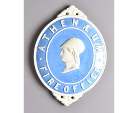 Athenaeum Fire Office Fire Mark, 1852-1856, ceramic, 'Athenaeum Fire Office', white lettering on light blue ground, VG 