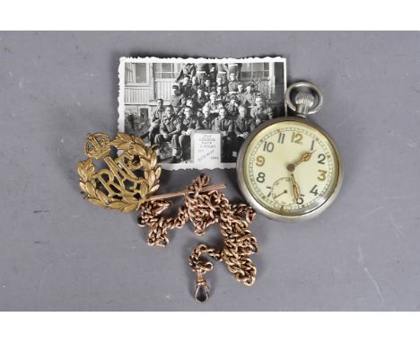 A Royal Air Force pocket watch, with gun metal case, stamped with braid arrow, G.S.T.P. T43605, together with a black and whi