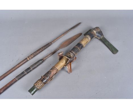 Two vintage tribal spears, one with 28cm long head and the other 24cm, together with a tomahawk axe (3)
