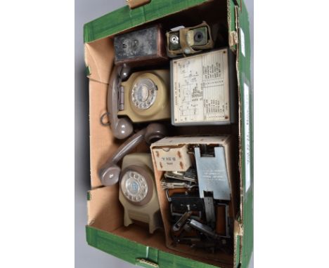 Two vintage rotary telephones, together with a Exchange Line Simulator, a Battery tester, and a selection of other equipment 