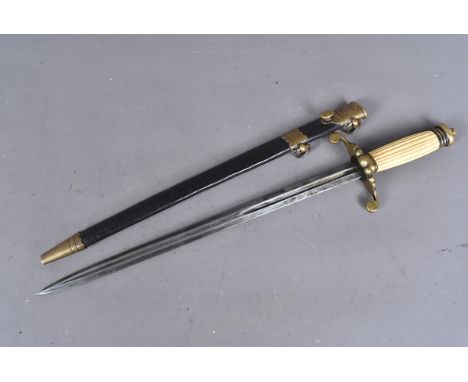 A bone handled Naval dagger/dirk, with brass pommel and hand guard, with 36cm long singe fullered double-edged unnamed blade,