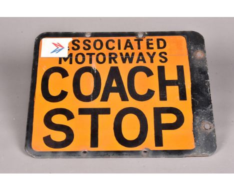 A Vitreous-enamelled double-sided Associated Motorways Coach Stop sign, with black lettering on orange background, with short