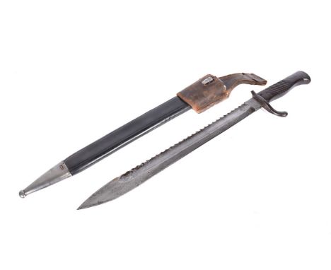 A High Ear German Butcher Sawback bayonet by Alex Coppel, dated 1915, blade 36.5cm, complete with leather and steel scabbard 