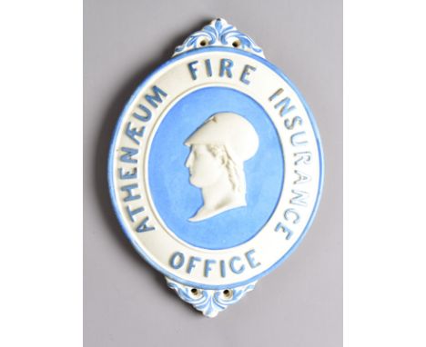 Athenaeum Fire Office Fire Mark, 1852-1856, ceramic, 'Athenaeum Fire Insurance Office', light blue lettering on white ground,