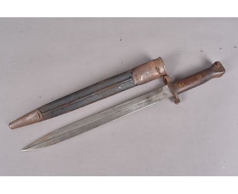 A Volunteer Metford and scabbard, the unmarked bayonet with 30cm long double edged blade, complete with black leather and ste