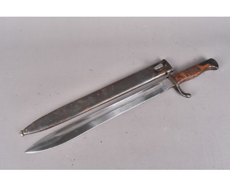 A German 98/05 High Ear Butcher bayonet, wooden grip with 36.5cm long blade, complete with steel scabbard