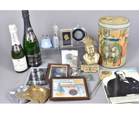 A collection of Churchill related items, to include two display bottles of Pol Roger champagne, a Dutch tin from 1945 with po