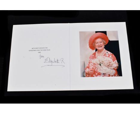 HM Queen Elizabeth The Queen Mother signed Christmas card 1982, signed in black ink ' from Elizabeth R', with mounted colour 