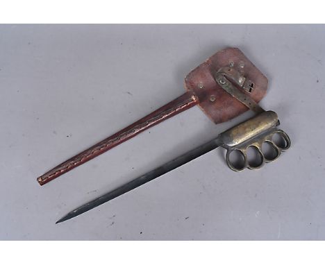 A 1915 Trench fighting knife, stamped with the brad arrow and 15 to the grip, patent 614881, with 23cm long triform blade, co