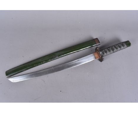 A Japanese-Style sword, with 40cm long single fuller's blade, green wooden grip wrapped in material, complete with green pain
