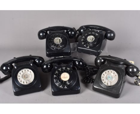 A group of five black vintage rotary telephones,  complete with hand sets, a couple of different designs (5)