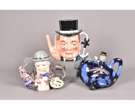Three Winston Churchill ceramic tea pots, comprising a Carlton Ware Limited Edition example, 8/250, in the form of Churchill 