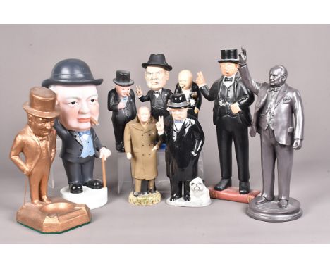 An assortment of Winston Churchill Figures, made from various medium, including ceramic, resin, wood etc. various heights, pl