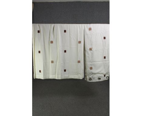 A pair of fully lined white abstract block pattern cotton mix curtains. L.230 W.225cm. (each). 