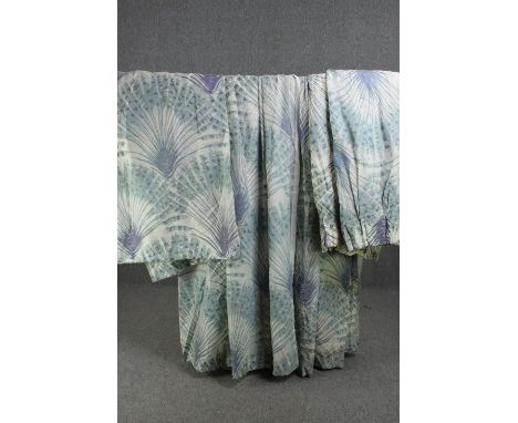 Three pairs of fully lined silk mix hand printed blue Palma pattern by Michael Szell curtains. L.350 W.400cm. (largest). 