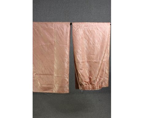 A pair of pink short silk mix fully lined curtains with marble striation pattern. L.210 W.225cm. (each). 