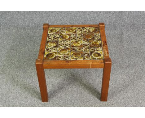 A mid century vintage teak small coffee table with ceramic tile set top. H.38 W.49 D.49cm. 