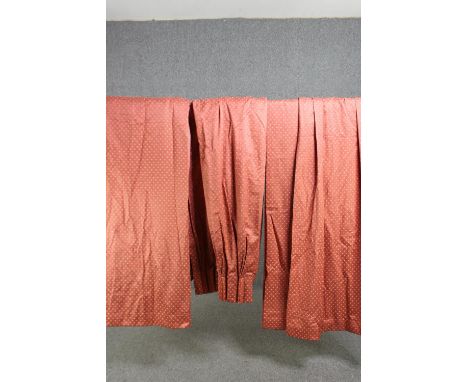 Two pairs of fully lined rust coloured curtains with gold diamond pattern. L.240 W.350cm. (each). 