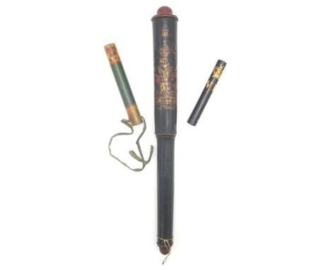 A GEORGE III CONSTABULARY TRUNCHEON Of mallet form, polychrome painted with "GRIII" cipher over a crown, the finial and termi