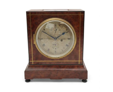 A T.S. CUTHBERT EIGHT DAY CHRONOMETER MANTEL CLOCK the burr wood case with single fusee movement, the silvered dial with roma