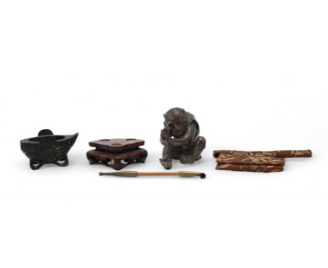 A BRASS AND BAMBOO OPIUM PIPE Within a silk pouch with bone ojime bead, pipe, signed, 19cm long, bronzed model of a monkey, 1