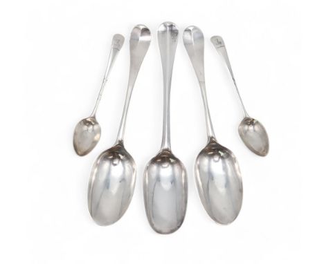 A PAIR OF GEORGE II SILVER HANOVERIAN PATTERN DESSERT SPOONS maker's mark WD crowned, London 1746, the back engraved with mar