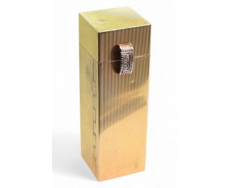 A DECORATIVE LIPSTICK COMPACT made in 18k (stamped 750,) gold with all over engine turned linear engraving and a diamond set 