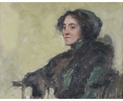 JAMES AH HECTOR (SCOTTISH 1868-1940) MISS MARY E POPE AT THE NORTHERN ART CLUB, ABERDEEN, C1914 Oil on board, 29 x 36.5cm (11