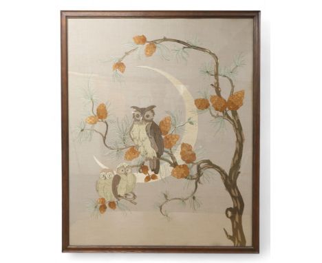 AN EARLY 20TH CENTURY SILK WORK PANEL sewn with a design of an owl and owlets within a pine tree adorned with pinecones, befo