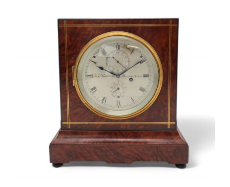 A T.S. CUTHBERT EIGHT DAY CHRONOMETER MANTEL CLOCK the burr wood case with single fusee movement, the silvered dial with roma