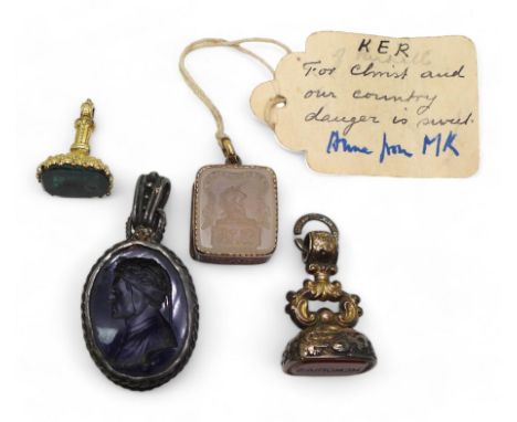 A COLLECTION OF SEALS to include a white agate intaglio carved seal, of the Ker Family crest and motto (Pro Christo et patria