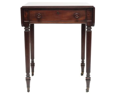 A 19TH CENTURY MAHOGANY GILLOWS, LANCASTER CHAMBER TABLE  drop end top over fitted drawer stamped "GILLOW LANCASTER" over for