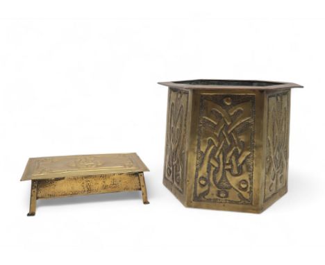 A SCOTTISH SCHOOL BRASS HEXAGONAL JARDINIERE each panel with celtic knotwork, 25cm high, together with a brass Arts and Craft