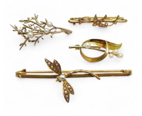 FOUR VINTAGE BROOCHES a bright yellow metal large bar brooch with a pearl studded dragonfly design, length 6.8cm, weight 5.8g