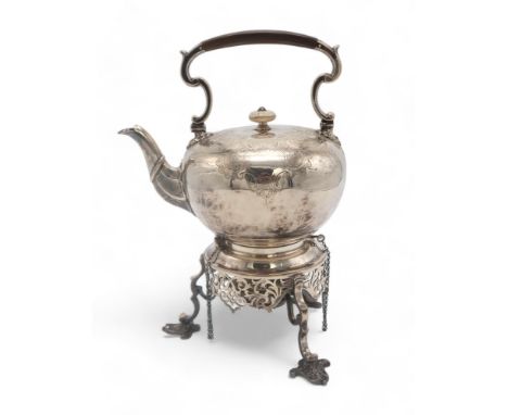 A LATE-VICTORIAN SILVER SPIRIT KETTLE AND STAND by Hukin &amp; Heath, Sheffield 1894, of spherical form, with engraved rococo