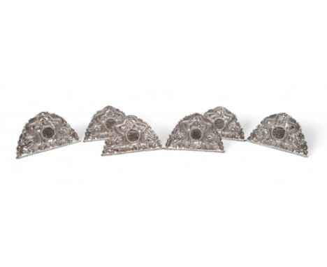 SIX CHINESE SILVER EXPORT MENU HOLDERS&nbsp; Cat with Shou character flanked by dragons, on a hinged bracket, makers stamp fo