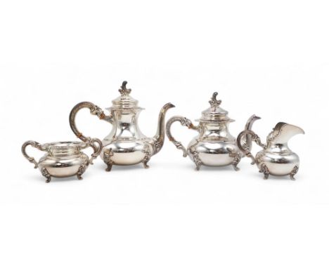 A GERMAN SILVER FOUR PIECE TEA SERVICE marked 'ORIGINAL ALT-HEIDELBERG 925 STERLING', of baluster form, with rococo-style fin
