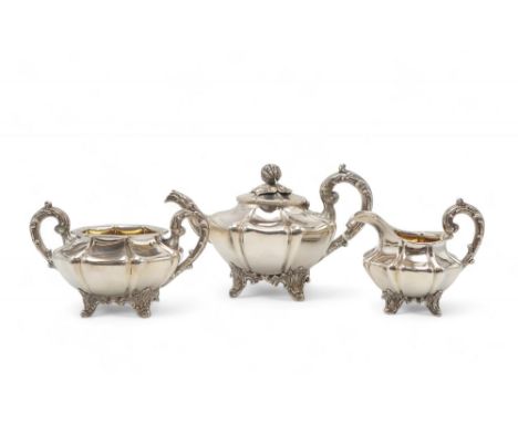 A WILLIAM IV THREE PIECE SILVER TEA SERVICE by Joseph & Albert Savory, London 1835, of melon form, with acanthus-capped handl