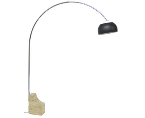 A 20TH CENTURY ARCO STYLE STANDARD LAMP&nbsp; with metallic and opaque shade suspended from chromed arc support mounted to sh