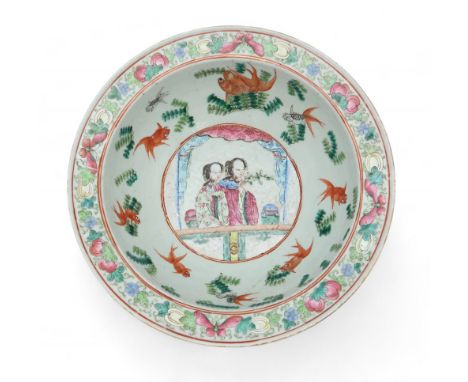 A CANTON FAMILLE ROSE BASIN&nbsp; Painted with two ladies at a window and surrounded by fish and aquatic foliage, beneath a b