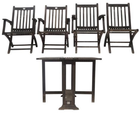 A 20TH CENTURY SUITE OF TEAK GARDEN FURNITURE&nbsp; consisting; drop leaf table, 69cm high x 83cm wide (28cm wide folded) x 8
