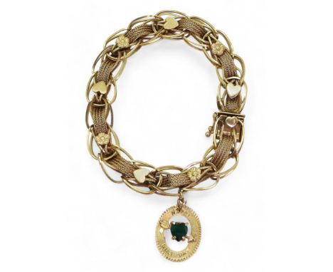 A FANCY CHAIN BRACELET 14k gold woven with sold links and ribbon chain, with applied heart and flower motifs. With attached r