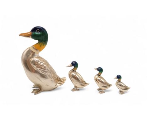 A GRADUATED SET OF FOUR SILVER AND ENAMEL MALLARD DUCKS possibly Italian, with London import marks, with etched retailers mar