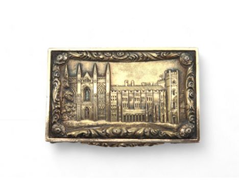 A WILLIAM IV CASTLE-TOP SILVER-GILT VINAIGRETTE by Taylor & Perry, Birmingham 1836, the lid depicting Newstead Abbey, with a 