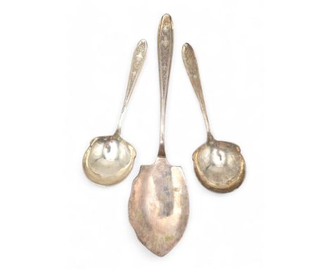 AN IRANIAN / PERSIAN SILVER SERVING SPOON marked 84, Vartan, with engraved geometric foliate decoration, 32cm, and a pair of 
