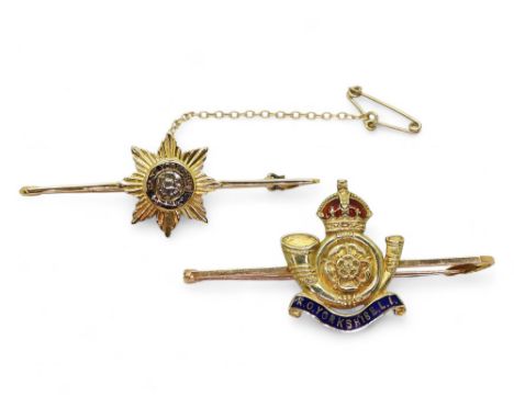 AN 18CT GOLD AND SILVER EAST YORKSHIRE REGIMENT SWEETHEART BROOCH  weight 4.4gms, and a 15ct gold Kings Own Yorkshire Light I