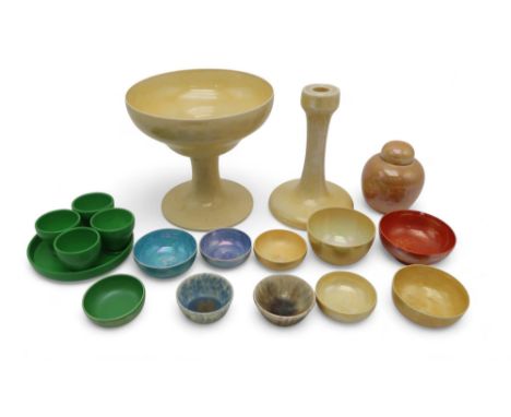 A COLLECTION OF EARLY 20TH CENTURY RUSKIN POTTERY AND PORCELAIN to include four apple green egg cups, a shallow dish, 11.5cm 