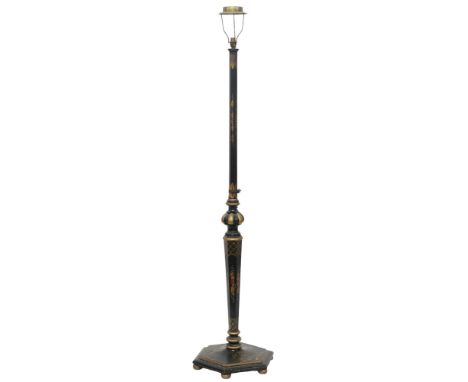 AN EARLY 20TH CENTURY BLACK LACQUER CHINOISERIE STANDARD LAMP&nbsp; with gilt painted hexagonal baluster upright on hexagonal